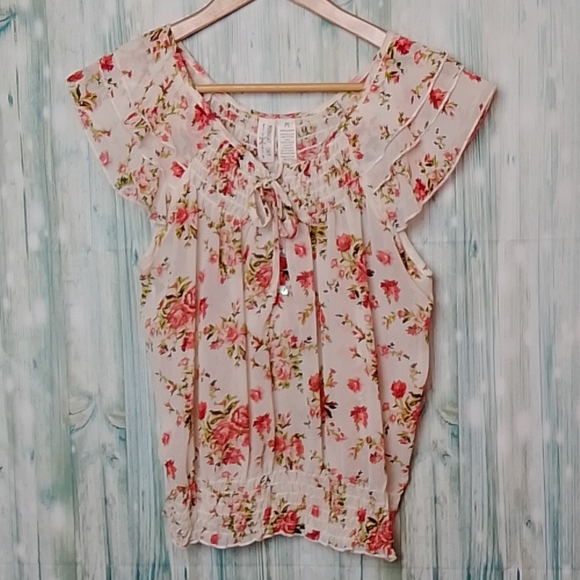 Midnight Sky sheer floral print tank with ruffle layer sleeves medium - Picture 1 of 5